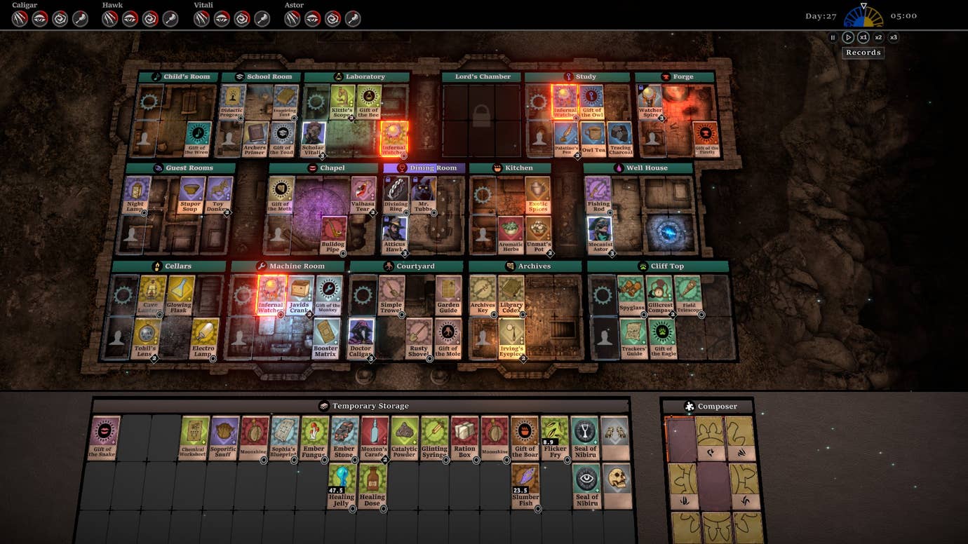 A screenshot of the house layout from The Horror At Highrook, showing the house invaded by fleshy sentinels represented as glowing red cards, who need to be purged from several rooms
